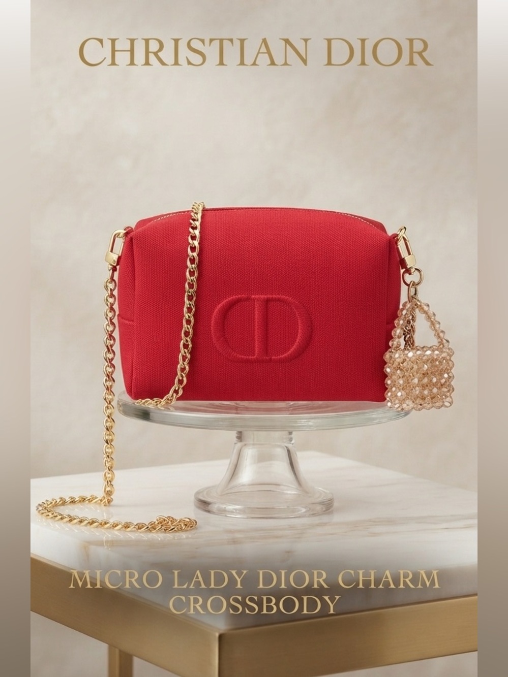 Dior Red Cosmetic Bag with Gold Chain & Stunning Rhinestone Gold Charm